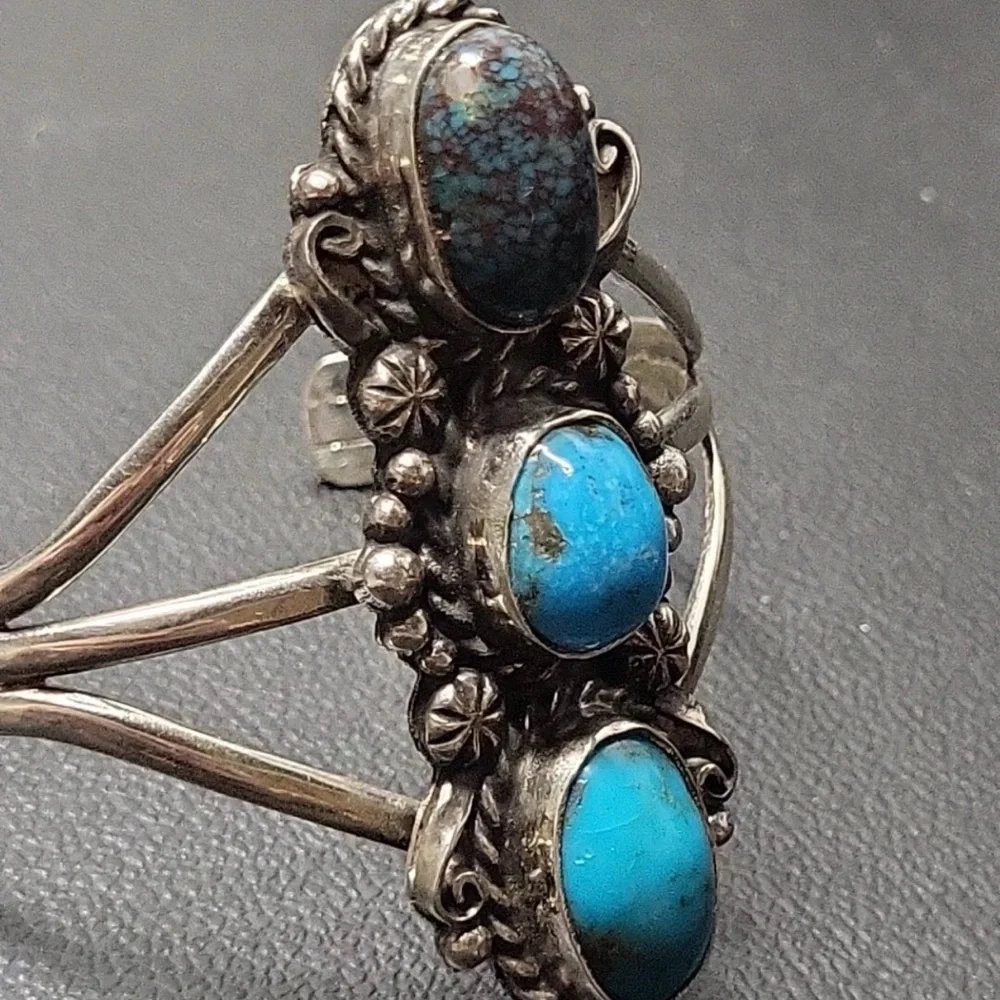 Native American Large Sterling Silver Triple Turquoise Stone Cuff Bracelet ... - Picture 3 of 14